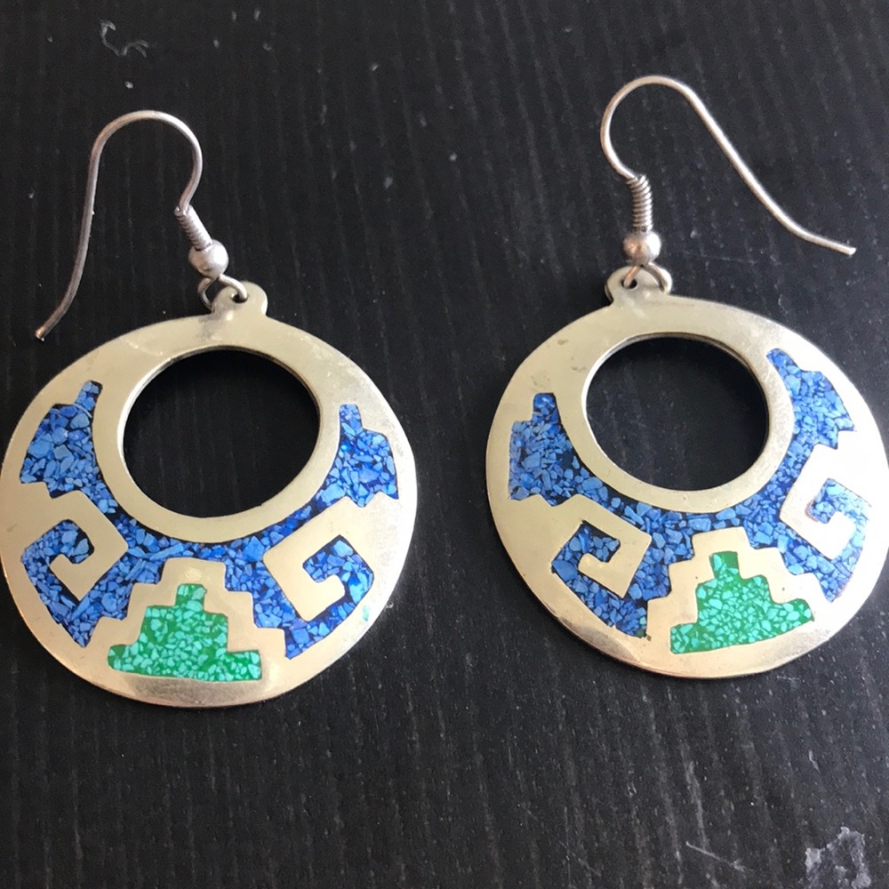 Alpaca Vintage Rare Sterling Silver Mexican Turquoise Dangling Earrings
